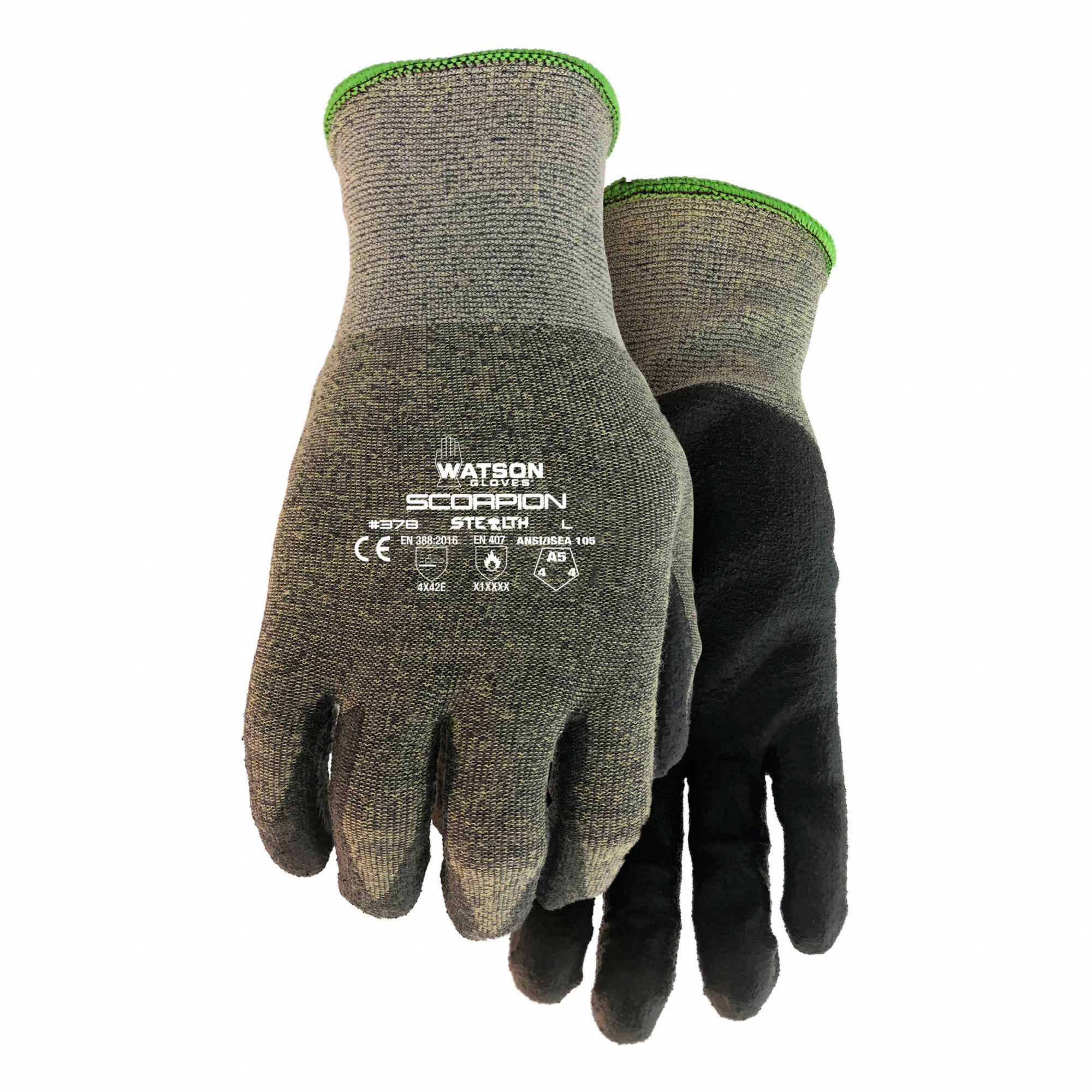 GLOVES, ABRASION-RESISTANT/CLUTE, SIZE LARGE/9/9 IN L, GREEN/BLACK, POLYURETHANE