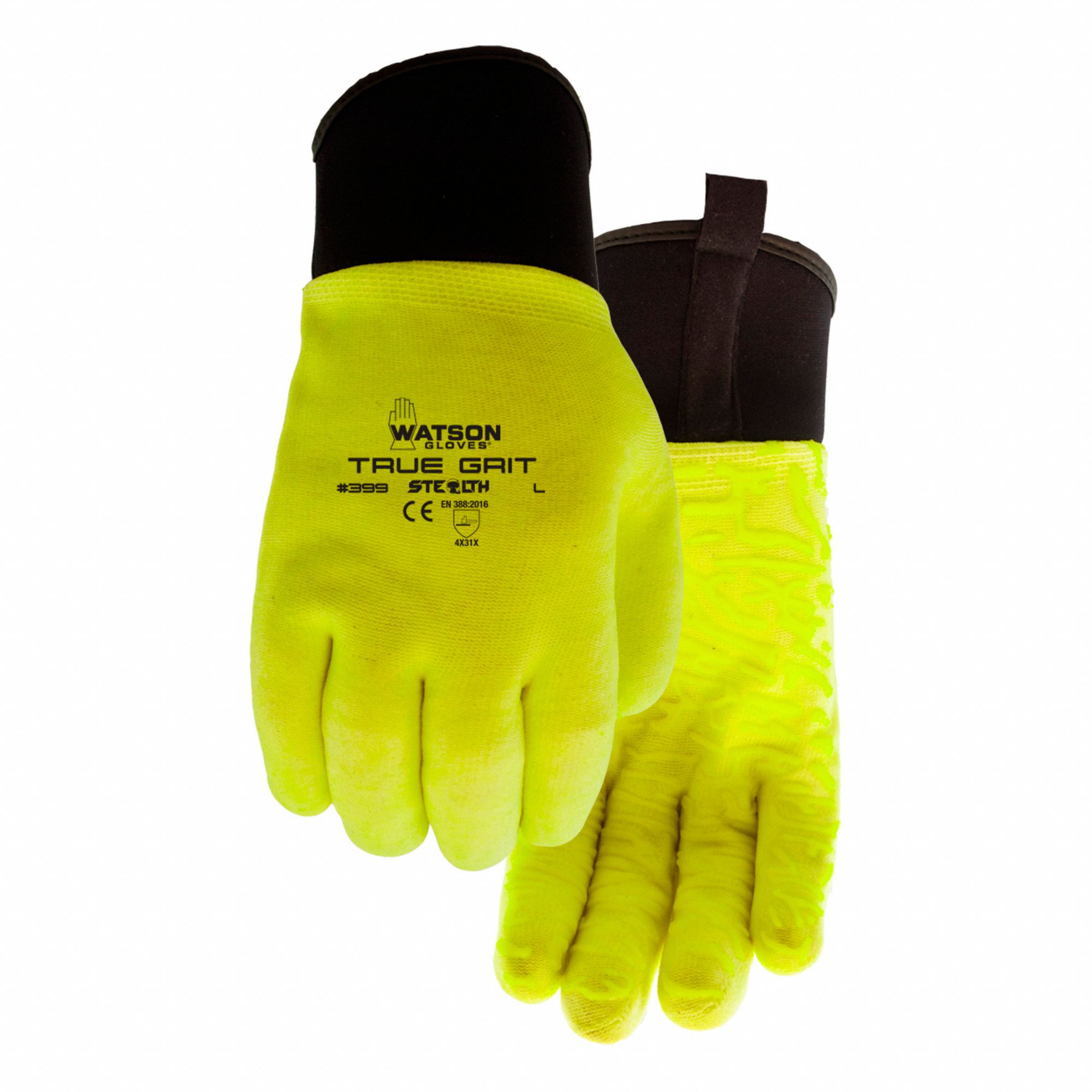 GLOVES, COATED, CRINKLED FINISH, FULL COVERAGE, ABS LEVEL 4, L, YELLOW, PVC MATERIAL