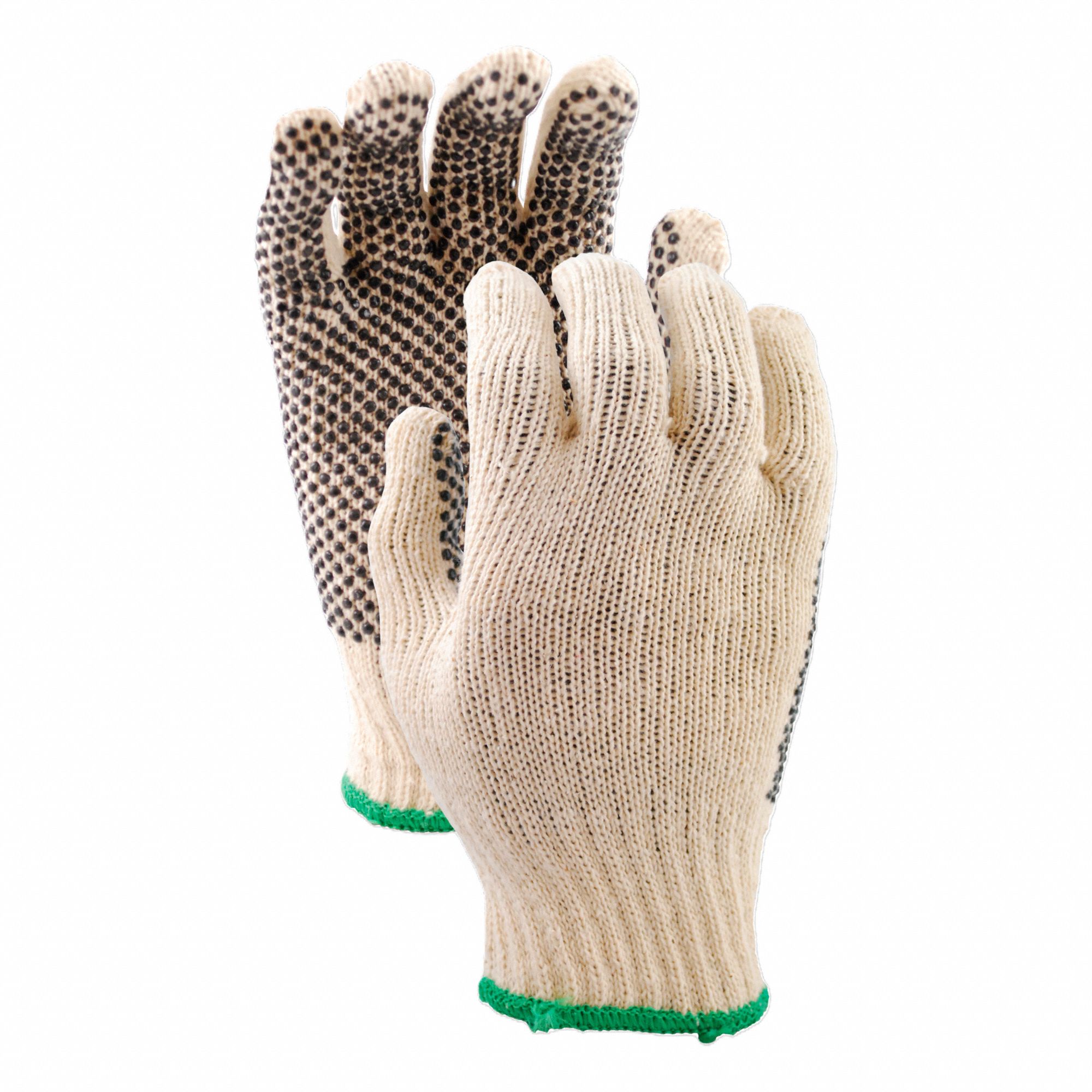 KNIT GLOVES, DOTS, SZ LG, CREAM, POLYESTER/COTTON/PVC, PR