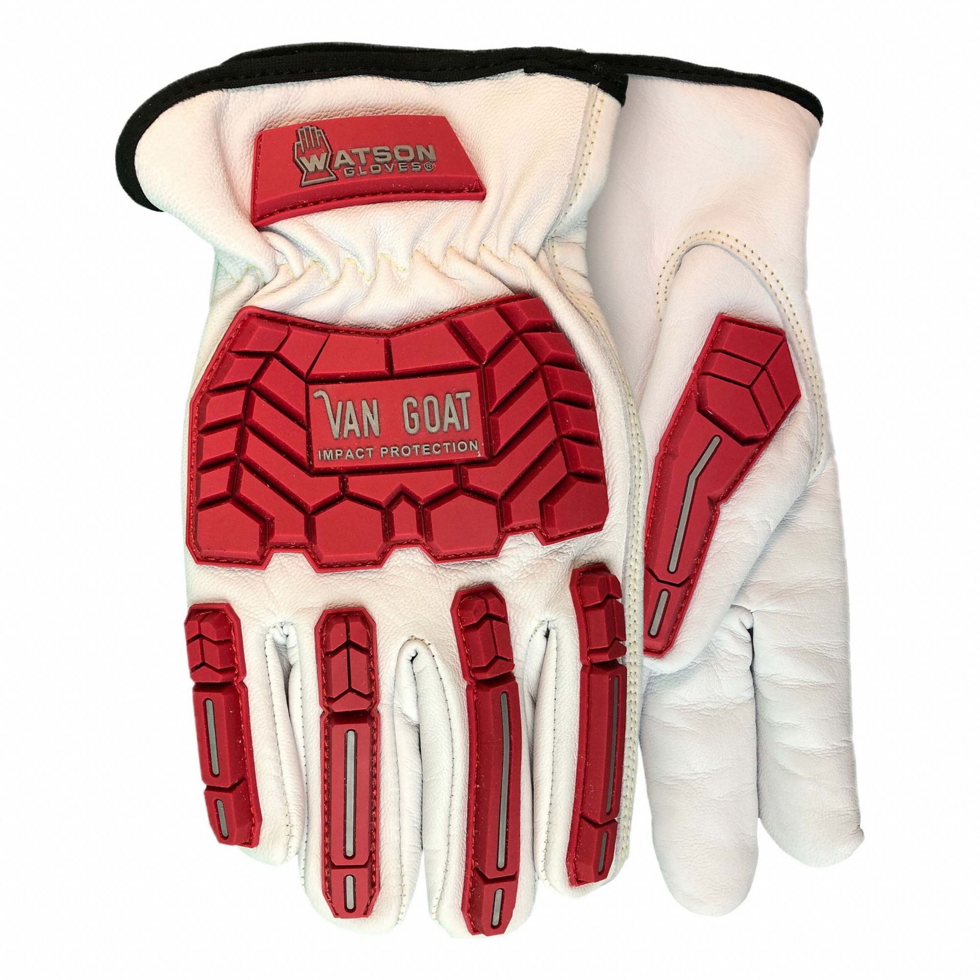 GLOVES, IMPACT RESIST, FULL FINGER, ELASTIC CUFF, M/8, RED/WHITE, GOATSKIN/TPR/RUBBER