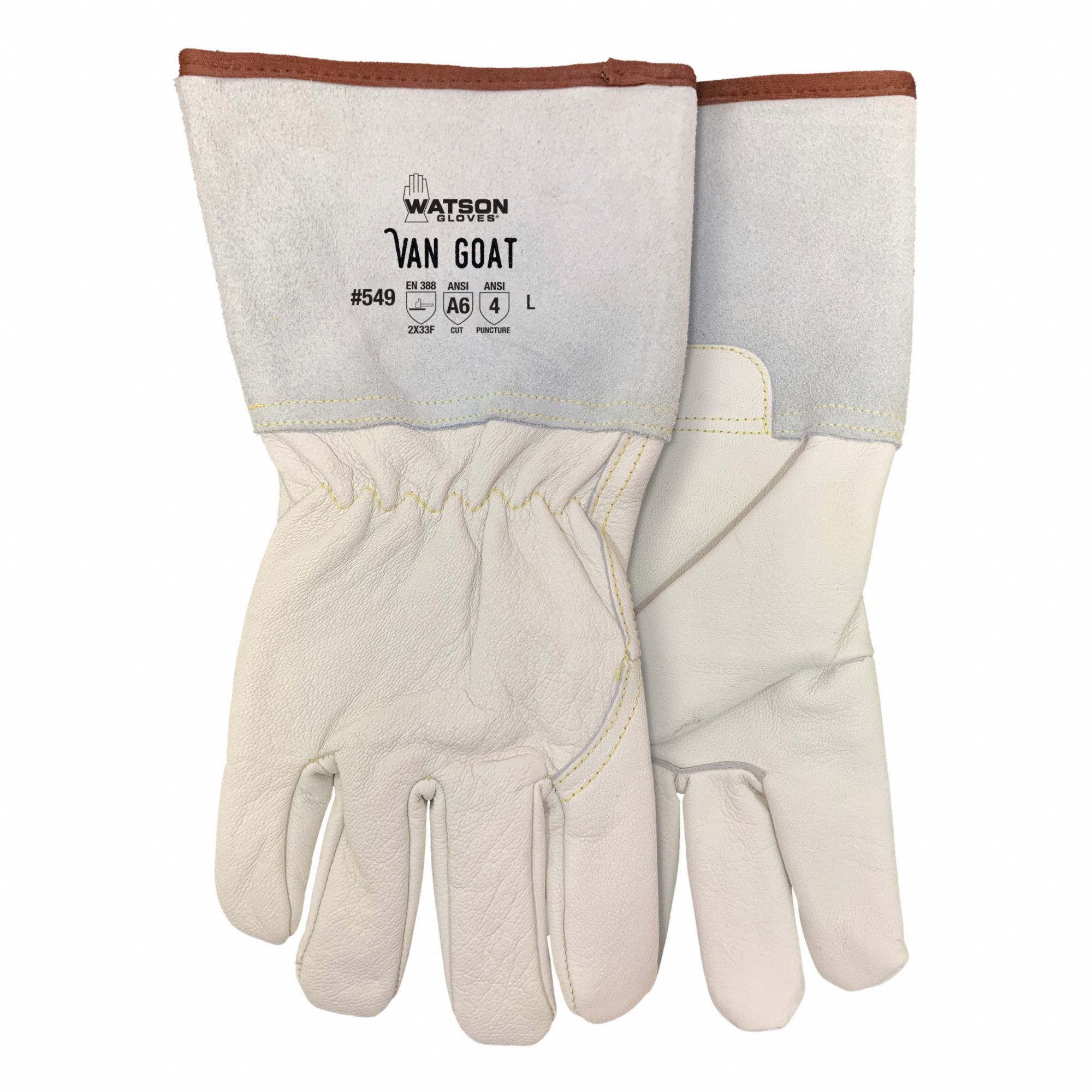 GLOVES, GAUNTLET, ABRASION-RESISTANT, SIZE LARGE, WHITE, LEATHER/GOATSKIN