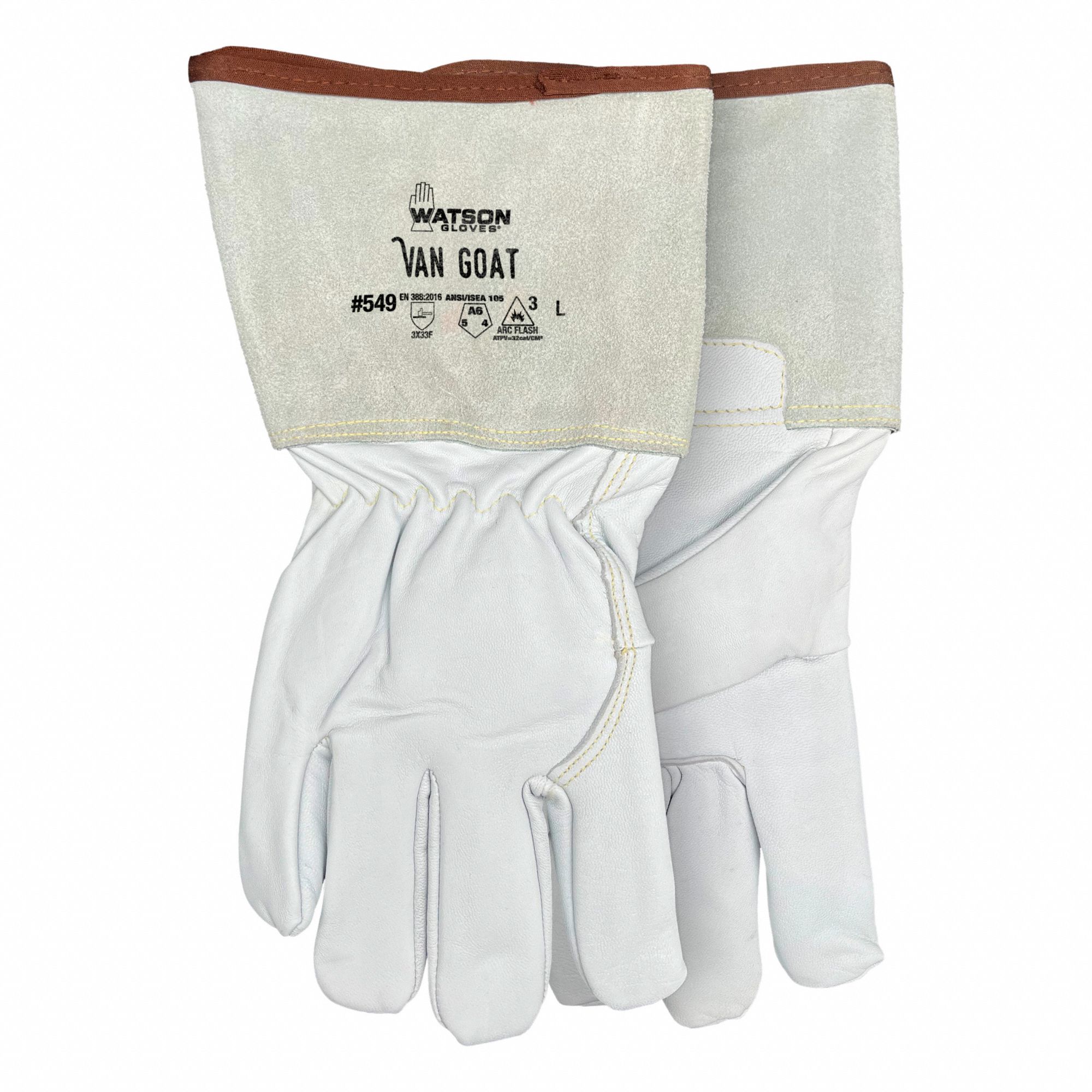 GLOVES, GAUNTLET, ABRASION-RESISTANT, SIZE LARGE, WHITE, LEATHER/GOATSKIN