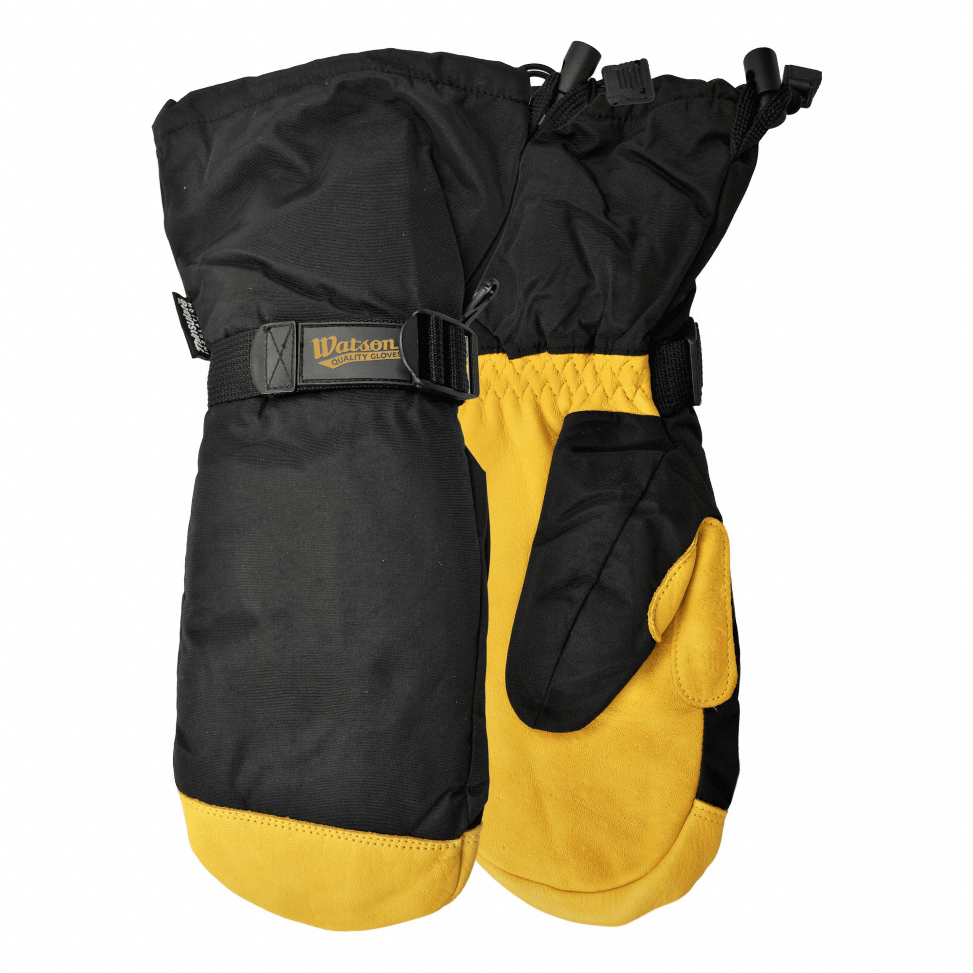 GLOVES, GAUNTLET CUFF/WING THUMB, SZ MEDIUM/8/12 IN, BLACK/TAN, THINSULATE/NYLON/LEATHER