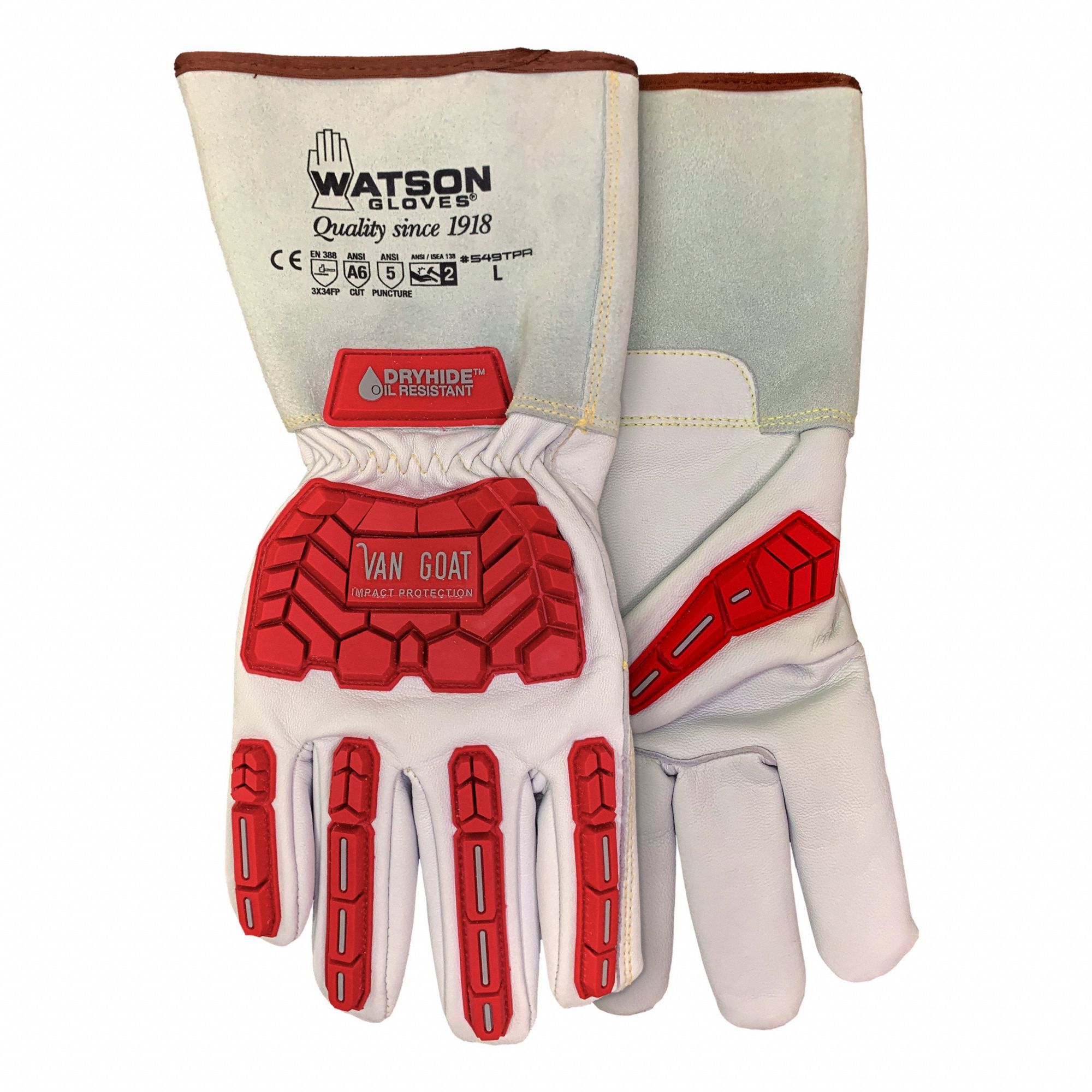 GLOVES, IMPACT-RESIST, FULL FINGER, ELASTIC CUFF, M/8, RED/WHITE, GOATSKIN/TPR/RUBBER