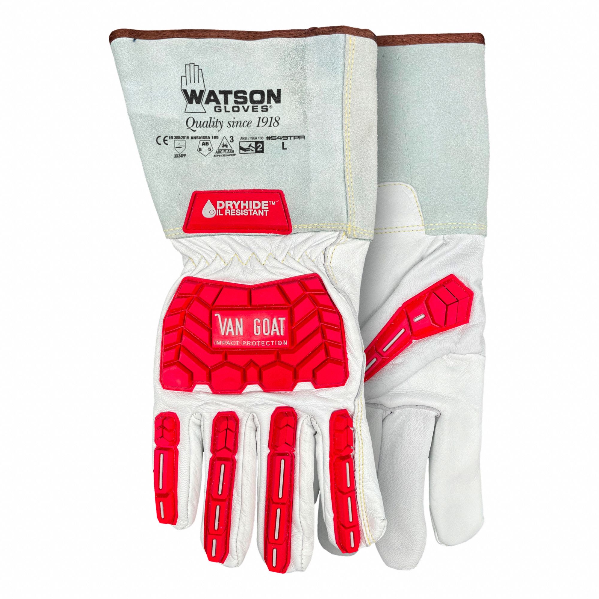 GLOVES, IMPACT-RESIST, FULL FINGER, ELASTIC CUFF, L/9, RED/WHITE, GOATSKIN/TPR/RUBBER