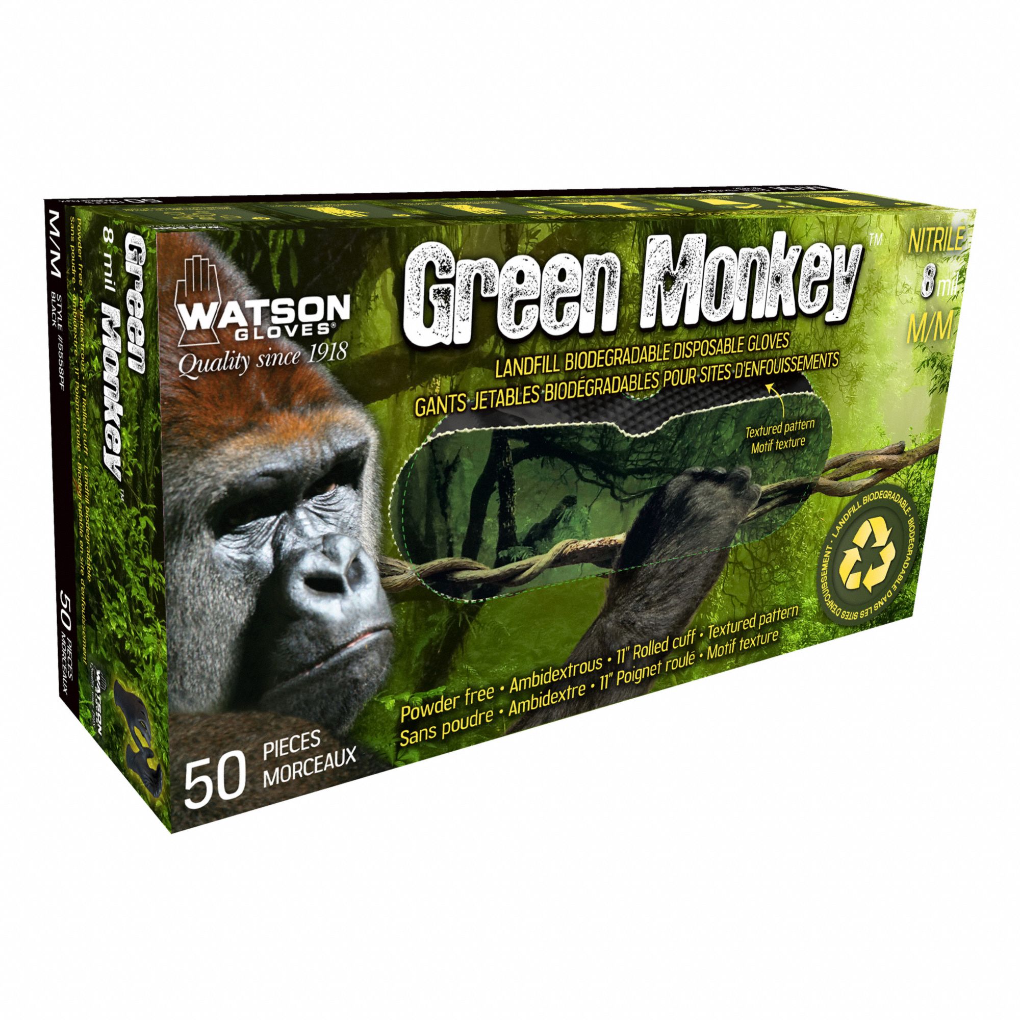 WATSON GLOVES 5558PF GREASE MONKEY GLOVE, BLK, S, NITRILE, 8 MIL,  NON-STERILE, BIODEGRADABLE - General Purpose Disposable Gloves - WAT5558PFS