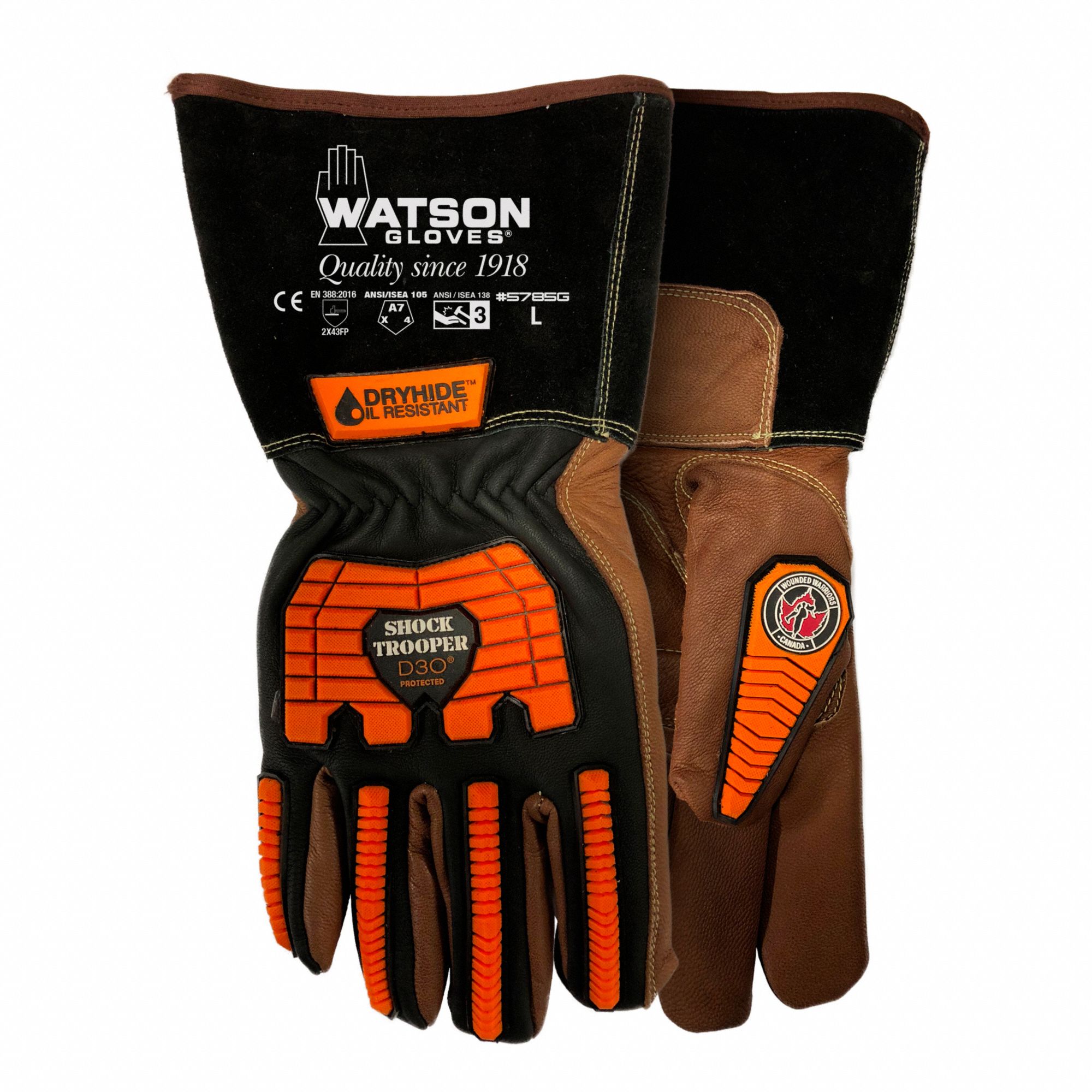 SHOCK TROOPER CUT-RESISTANT WORK GLOVES, BRN, L, GOATSKIN, GAUNTLET CUFF