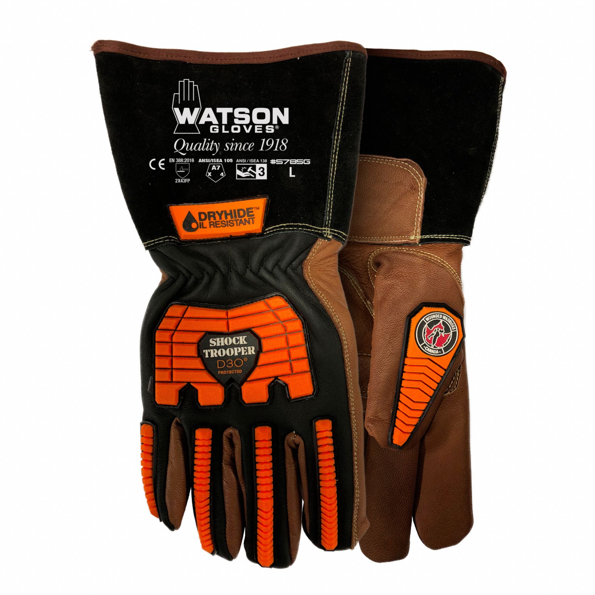 GLOVES,IMPACT RESIST,ANTI-VIBRATION,GAUNTLET CUFF,XXL/11,BLK/BRN,GOATSKIN/CUT SHIELD/TPR/EVA FOAM