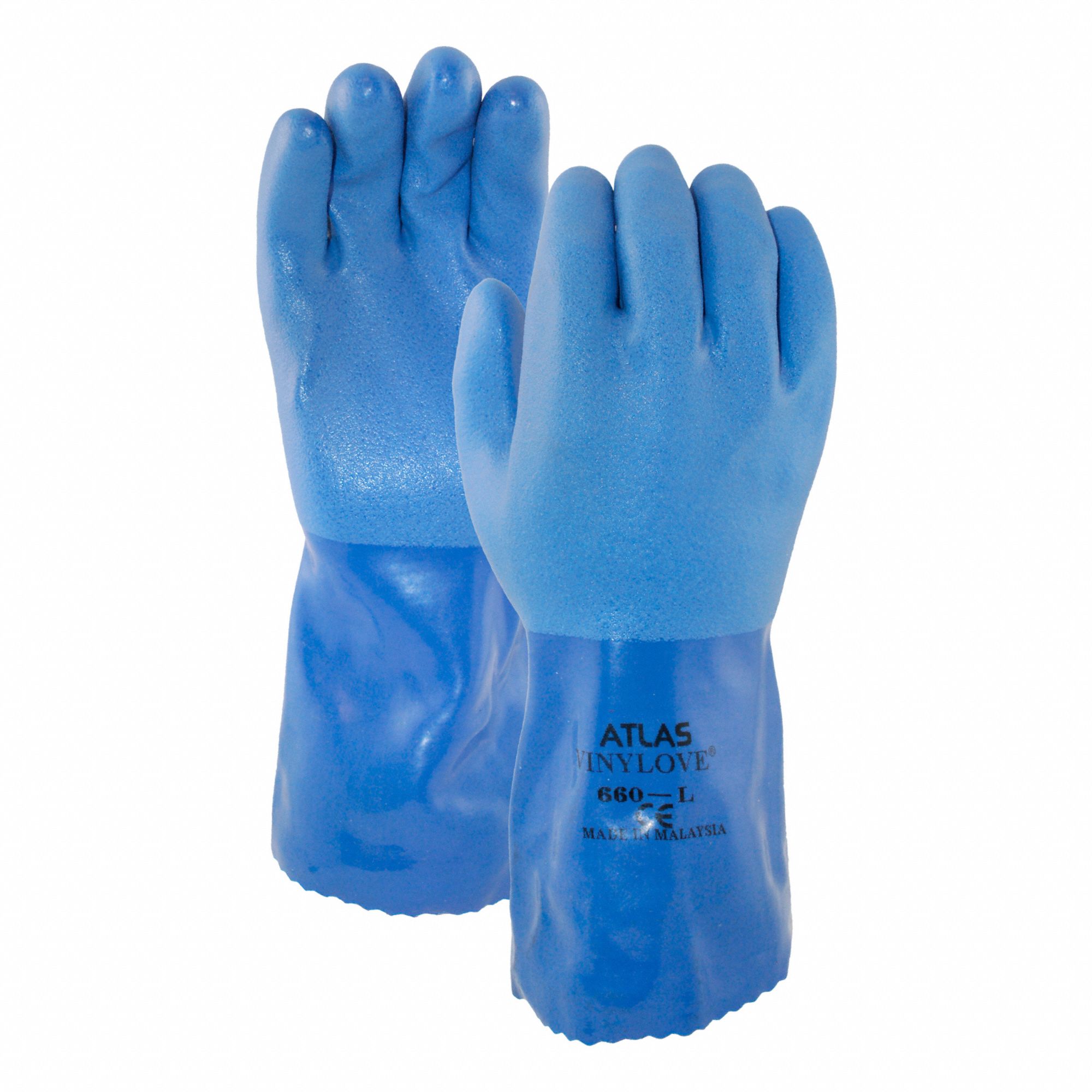 CHEMICAL-RESISTANT GLOVES, GAUNTLET CUFF, 12 IN, L, BLUE, COTTON KNIT LINING