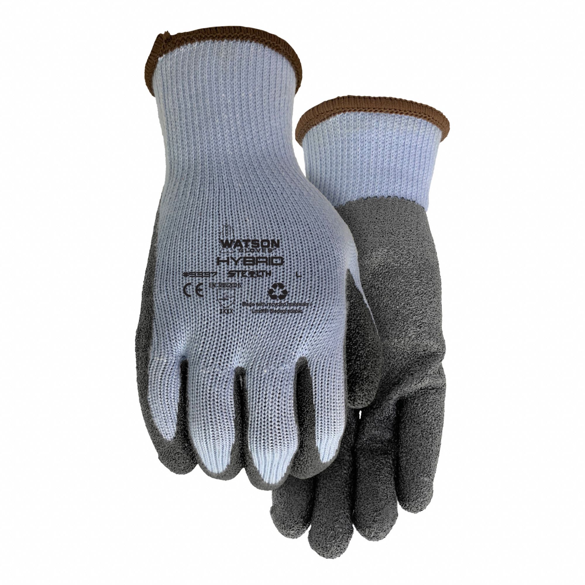 STEALTH HYBRID WORK GLOVES, BLACK/BLUE, L/9, POLYESTER, KNIT CUFF, COATED PALM