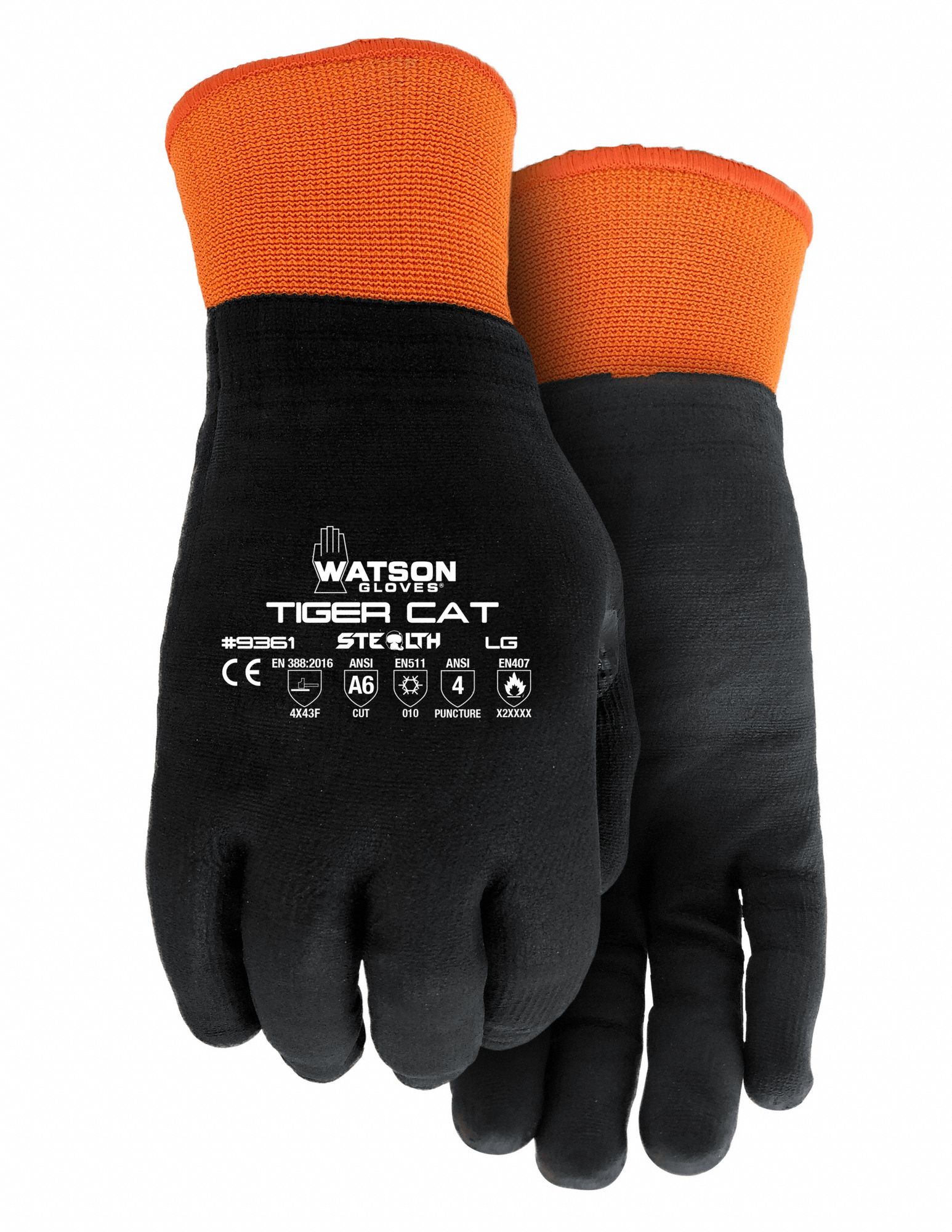 COATED GLOVES, SEAMLESS KNIT, SZ M, 10 IN L, BLACK/ORANGE, ACRYLIC/COTTON/NITRILE, PR