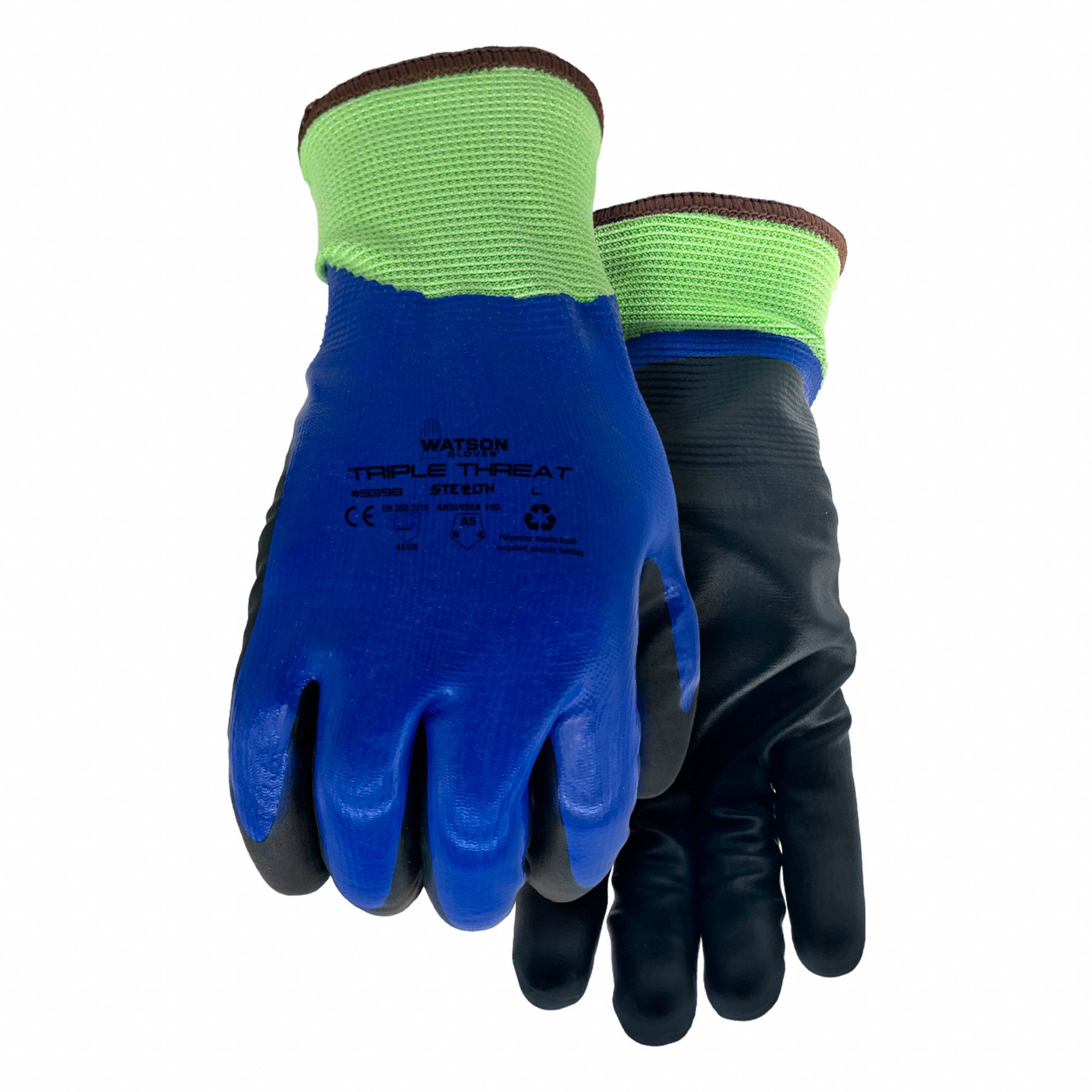 COATED GLOVES, XXL, SNUG FIT KNIT WRIST CUFF, BLACK/BLUE, NITRILE