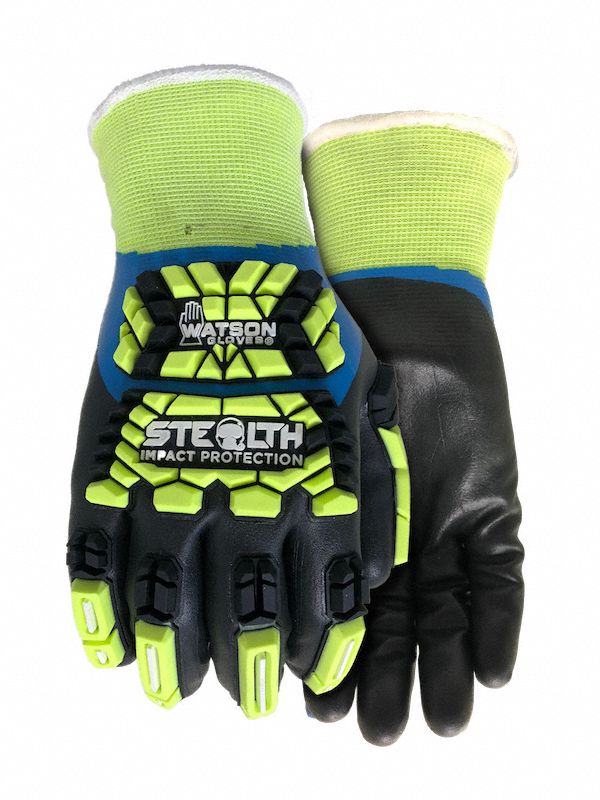 GLOVES, COATED, STEALTH, FLAT FINISH, FULL COVERAGE, HI-VIS, SEAMLESS KNIT, XXL, BLK/GRN, NITRILE