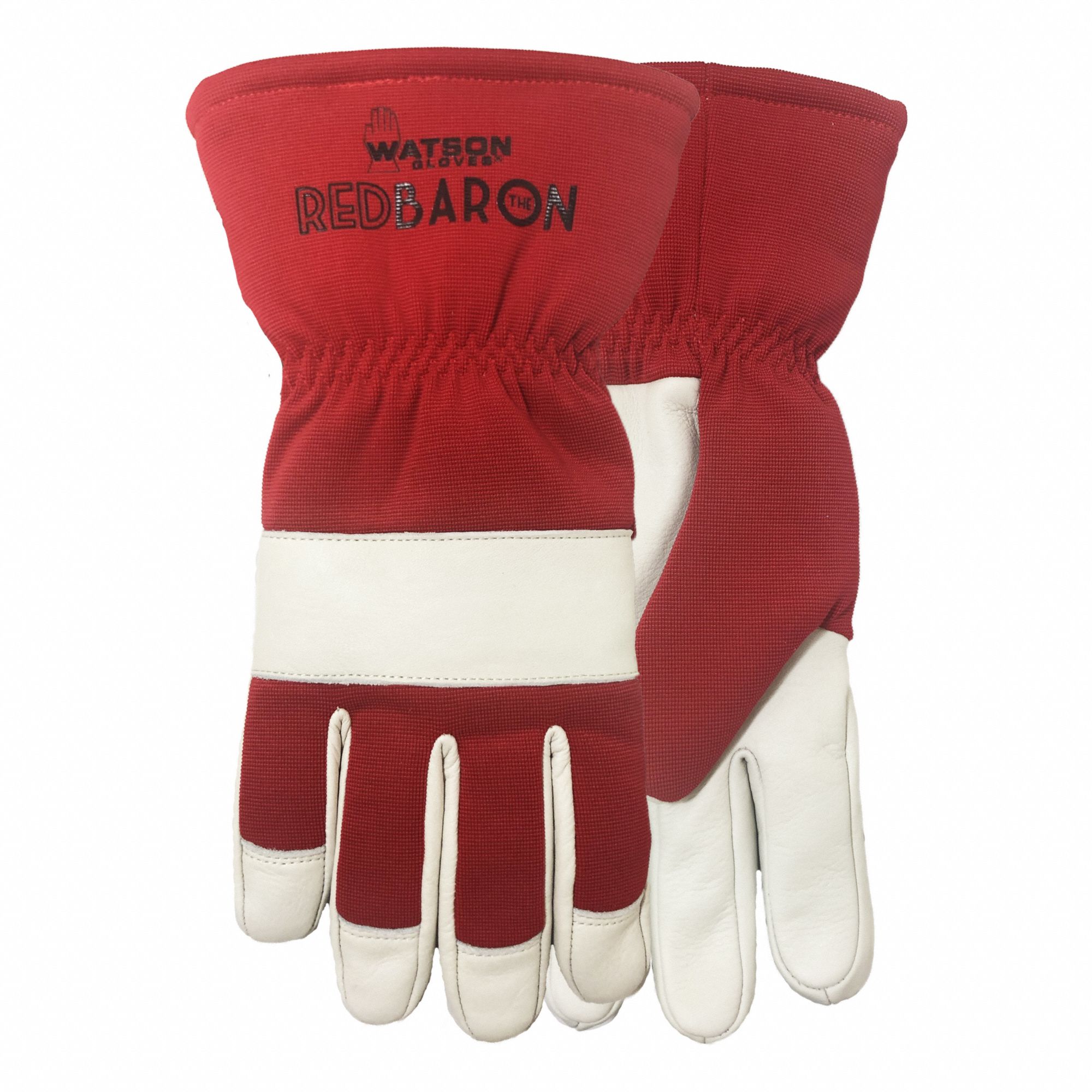 GLOVES, GAUNTLET CUFF/GUNN CUT, SZ LARGE/9/10 1/2 IN, WHITE/RED, SHERPA/COWHIDE