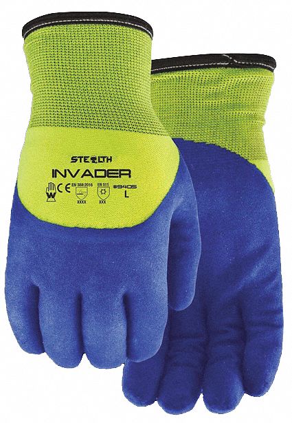 GLOVES, STRAIGHT CUT/SEAMLESS, SZ X-LARGE/10, BLUE/YELLOW, NYLON/TERRY/HPT