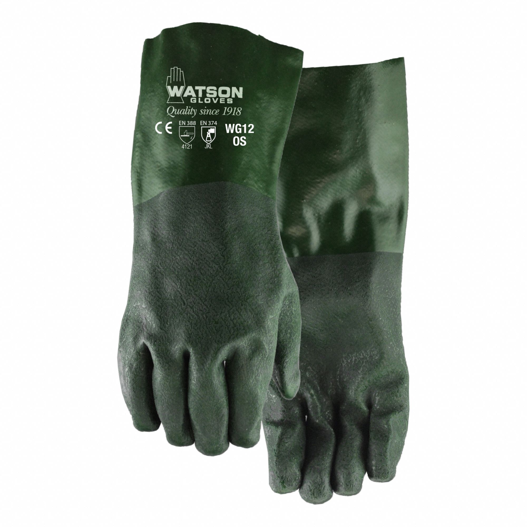 WG12 DURA DIP GLOVES, GRN, UNIVERSAL, PVC, COTTON, 28 MIL, GAUNTLET CUFF, EN374-1:2016 JKL