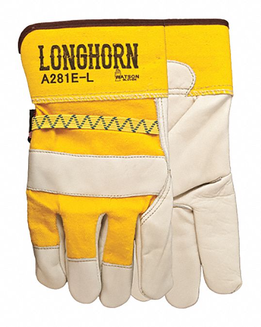 LEATHER GLOVES, GUNN CUT, WING THUMB, UNLINED, L/SZ 9, YELLOW/WHITE, COWHIDE/COTTON/POLYESTER, PR