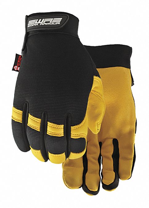 FLEXTIME WRAPPED WORK GLOVES, HOODED FINGERTIPS, BLACK/YELLOW, SIZE XL, GOATSKIN LEATHER/VELCRO