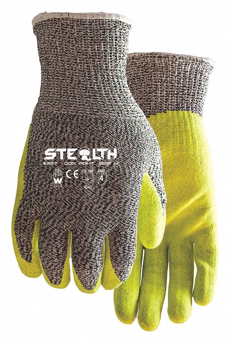 GANTS RÉSIST COUPURES,STEALTH,TP/6,GRIS/JNE À HTE VISIBILITÉ,11 PO LNG,NITRILE/HPPE/ARAMIDE