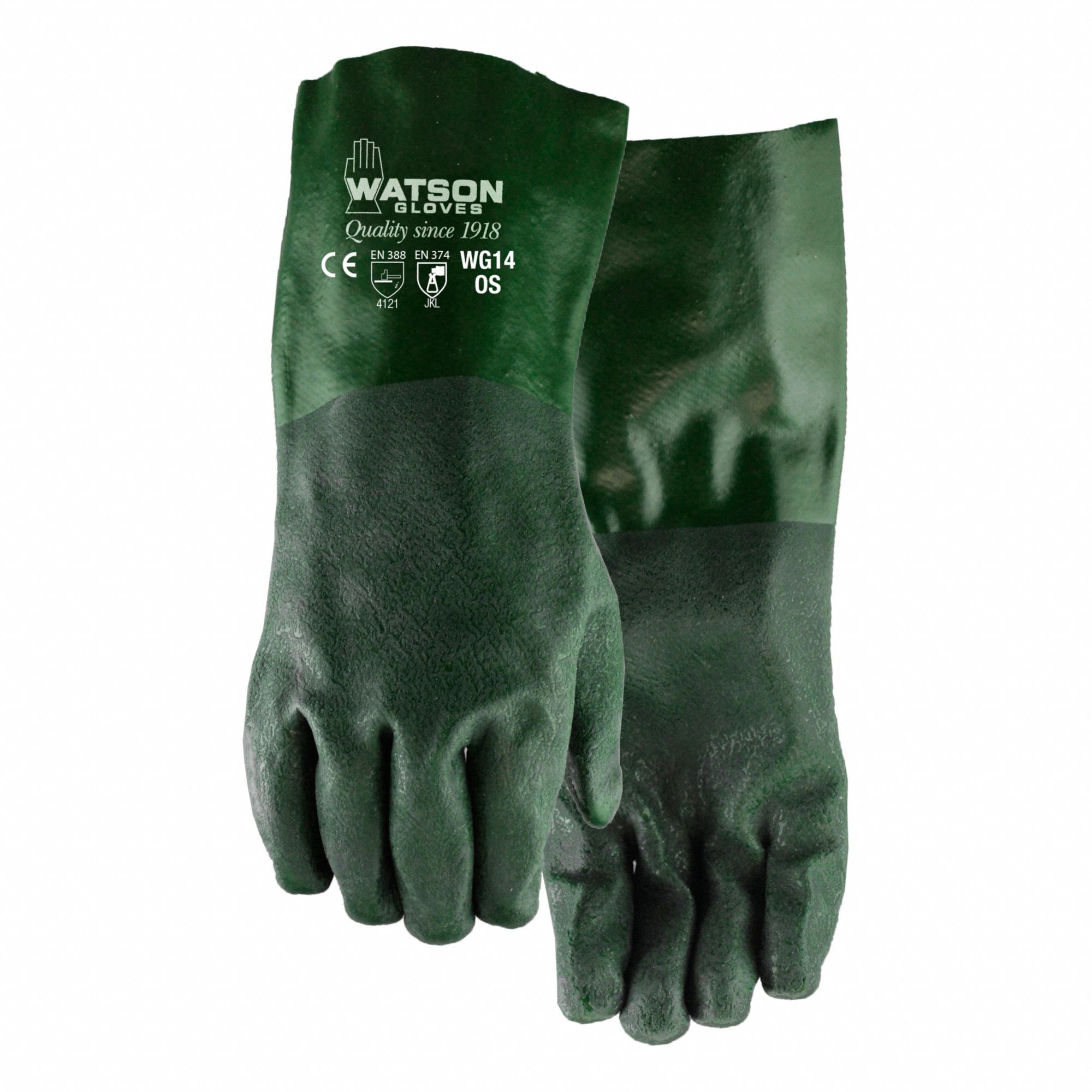 WG14 DURA DIP GLOVES, GRN, UNIVERSAL, PVC, COTTON, 28 MIL, GAUNTLET CUFF, EN374-1:2016 JKL