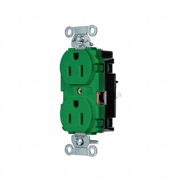 Receptacle: Duplex, Green, 5-15R, 15 A, 125V AC, 2 Pole / 3 Wire, Push In