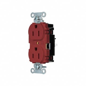 Receptacle: Duplex, Red, 5-15R, 15 A, 125V AC, 2 Pole / 3 Wire, Push In, Gen Use