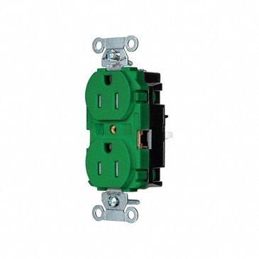 Receptacle: Duplex, Green, 5-15R, 15 A, 125V AC, 2 Pole / 3 Wire, Push In