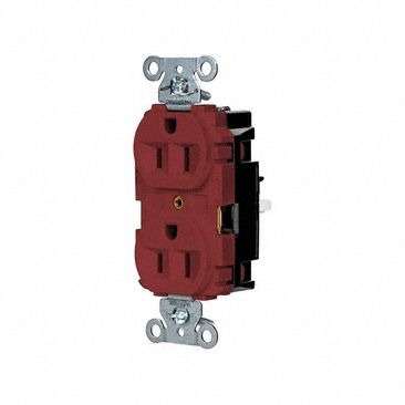 Receptacle: Duplex, Red, 5-15R, 15 A, 125V AC, 2 Pole / 3 Wire, Push In
