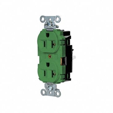 Receptacle: Duplex, Green, 5-20R, 20 A, 125V AC, 2 Pole / 3 Wire, Push In