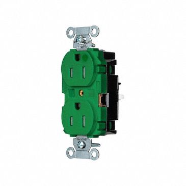 Receptacle: Duplex, 5-15R, 15 A, 125V AC, Green, 2 Pole / 3 Wire Poles & Wires, Push In