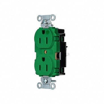 Receptacle: Duplex, 5-15R, 15 A, 125V AC, Green, 2 Pole / 3 Wire Poles & Wires, Push In