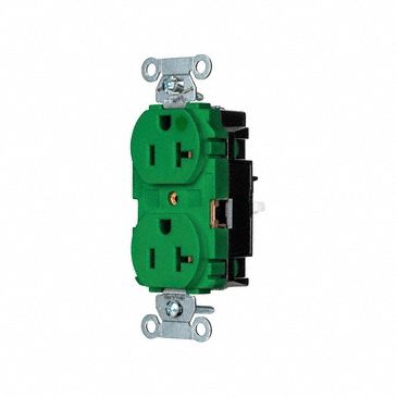 Receptacle: Duplex, 5-20R, 20 A, 125V AC, Green, 2 Pole / 3 Wire Poles & Wires, Push In