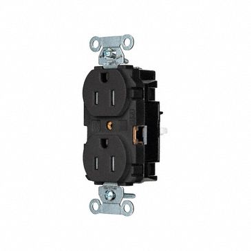 Receptacle: Duplex, Black, 5-15R, 15 A, 125V AC, 2 Pole / 3 Wire, Push In, Gen Use