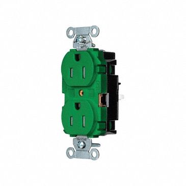 Receptacle: Duplex, Green, 5-15R, 15 A, 125V AC, 2 Pole / 3 Wire, Push In, Gen Use