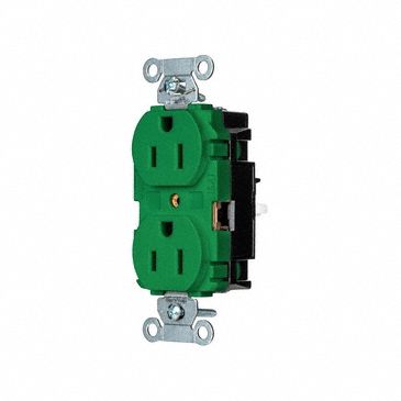 Receptacle: Duplex, Green, 5-15R, 15 A, 125V AC, 2 Pole / 3 Wire, Push In, Gen Use