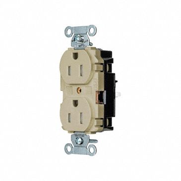 Receptacle: Duplex, Ivory, 5-15R, 15 A, 125V AC, 2 Pole / 3 Wire, Push In, Gen Use