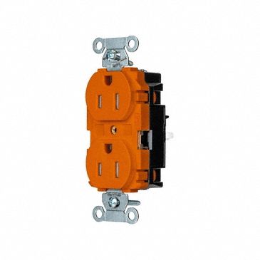 Receptacle: Duplex, Orange, 5-15R, 15 A, 125V AC, 2 Pole / 3 Wire, Push In, Gen Use