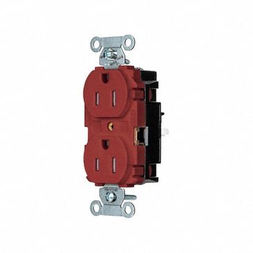Receptacle: Duplex, Red, 5-15R, 15 A, 125V AC, 2 Pole / 3 Wire, Push In, Gen Use