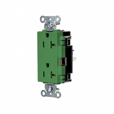 Receptacle: Decorator Duplex, Green, 5-20R, 20 A, 125V AC, 2 Pole / 3 Wire, Push In, Gen Use