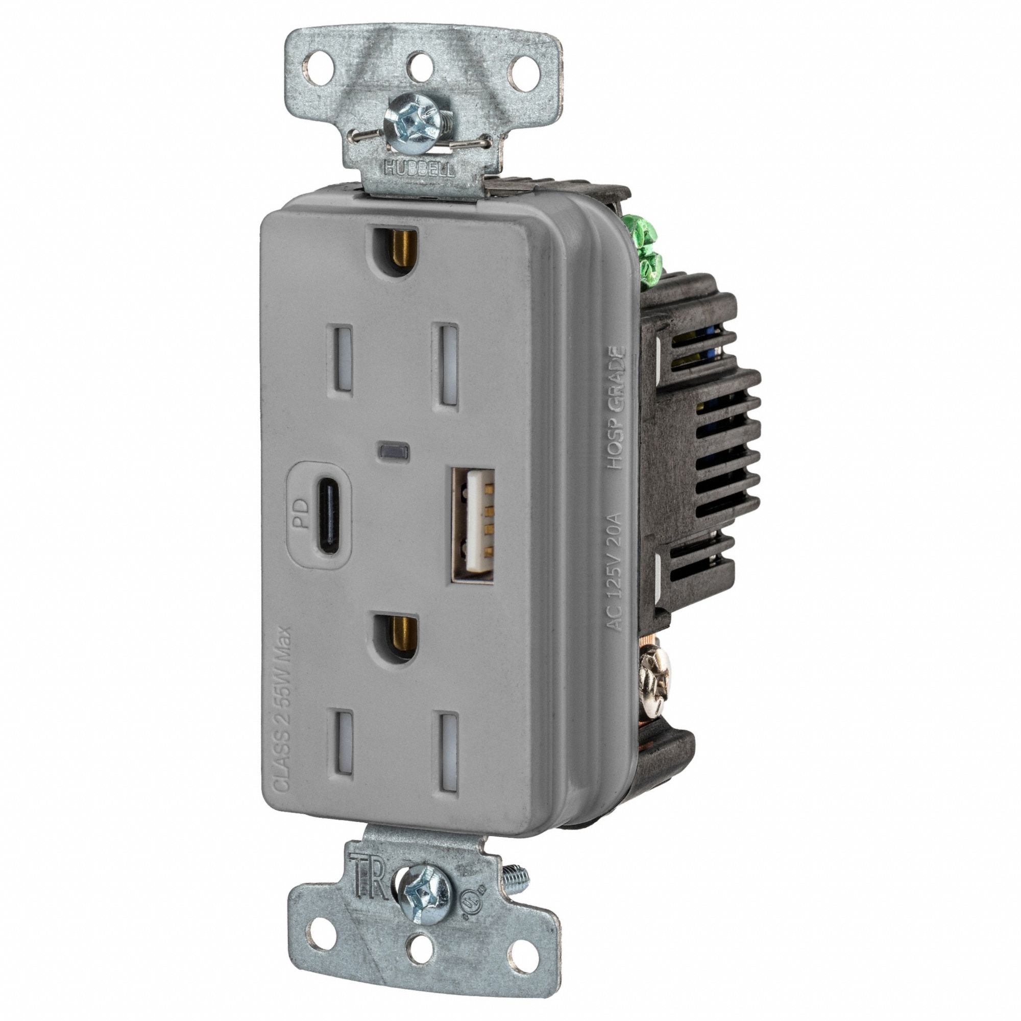 USB Receptacle: Duplex, 5-15R, 15 A, 125V AC, Gray, 2 USB Ports, A/C USB Connection Type