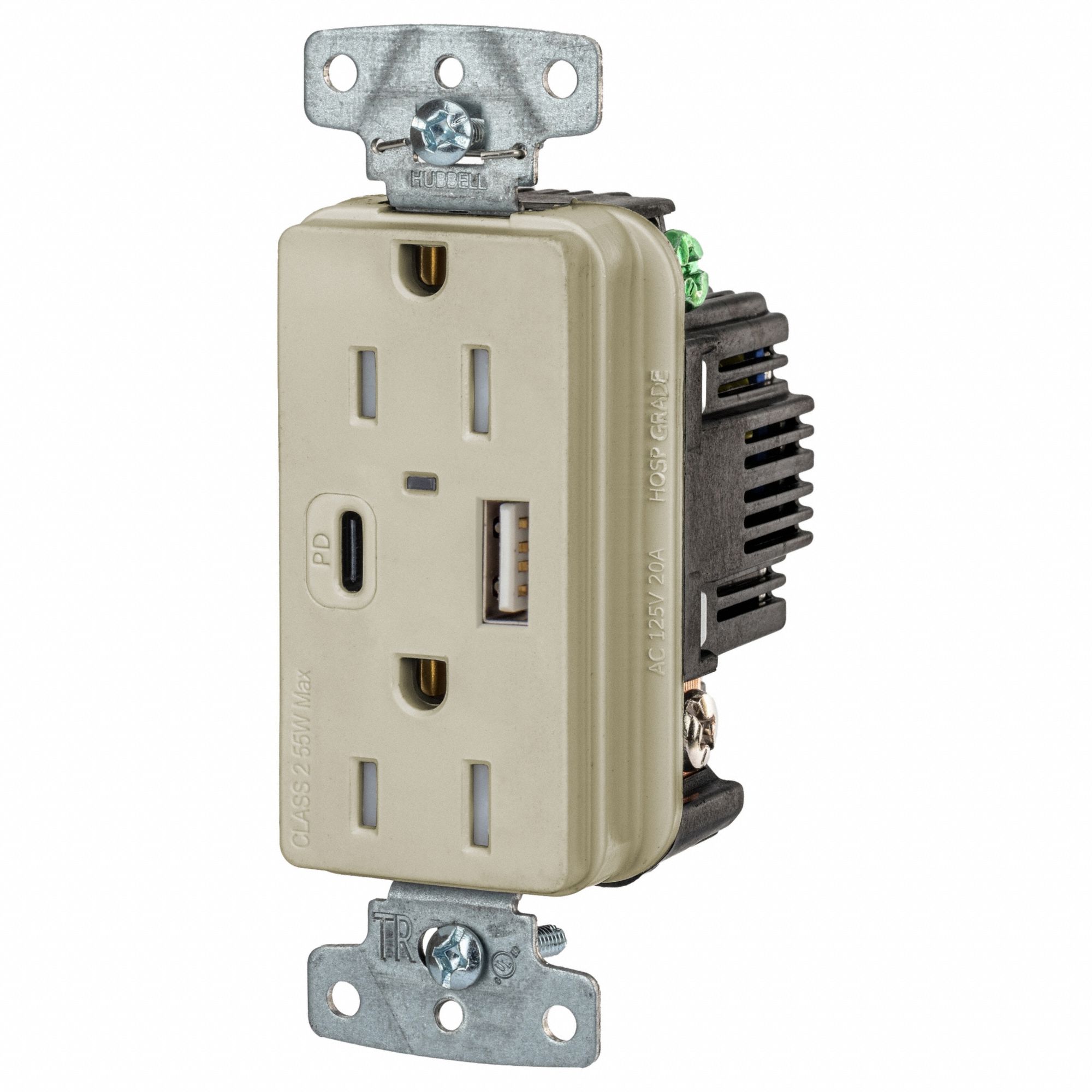 USB Receptacle: Duplex, 5-15R, 15 A, 125V AC, Ivory, 2 USB Ports, A/C USB Connection Type