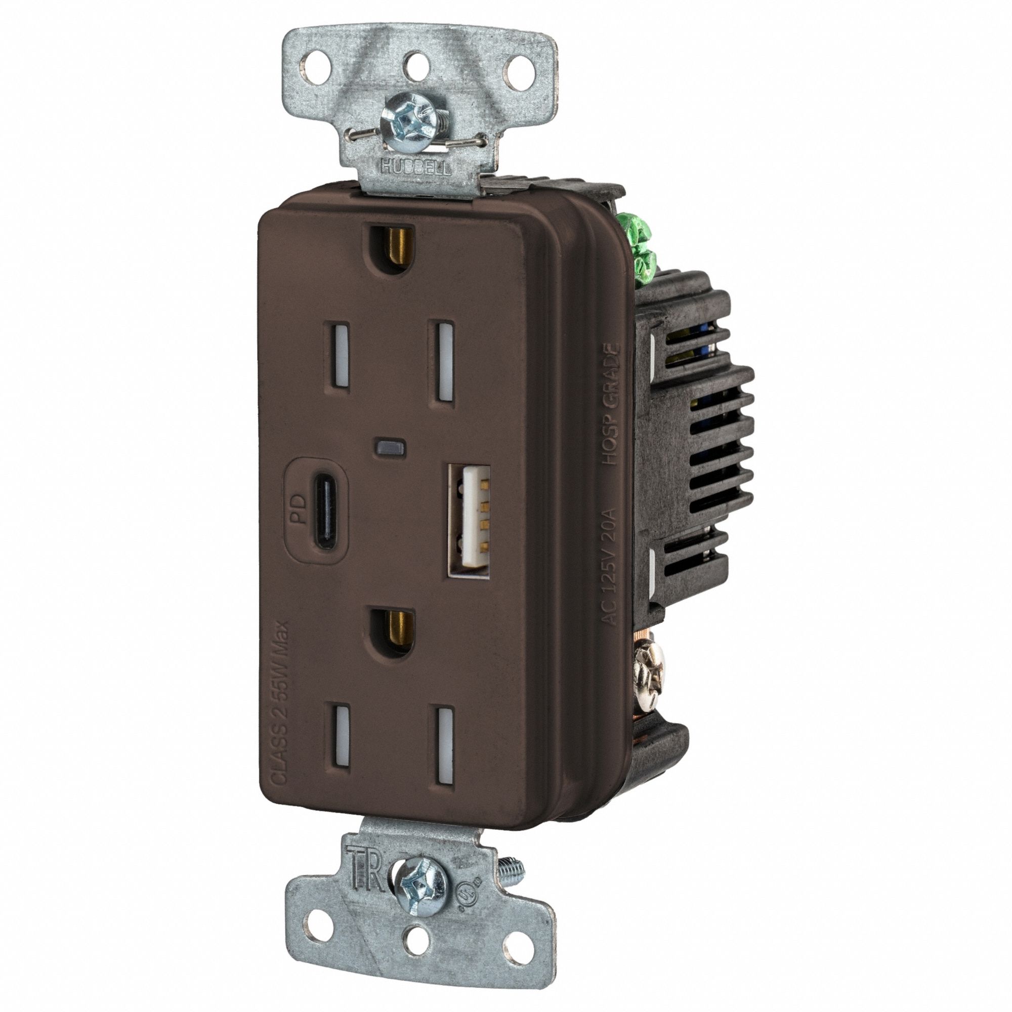 USB Receptacle: Duplex, 5-15R, 15 A, 125V AC, Brown, 2 USB Ports, A/C USB Connection Type