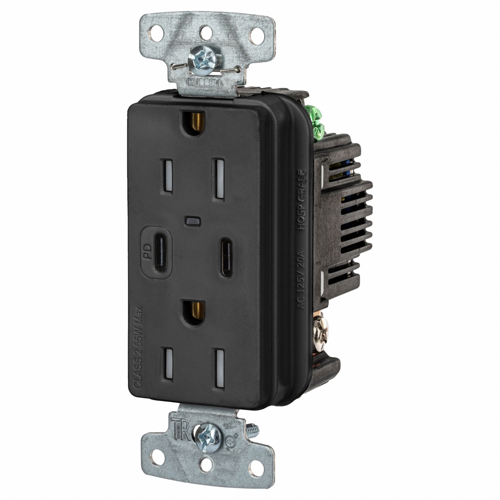 USB Receptacle: Duplex, 5-15R, 15 A, 125V AC, Black, 2 USB Ports, A/C USB Connection Type