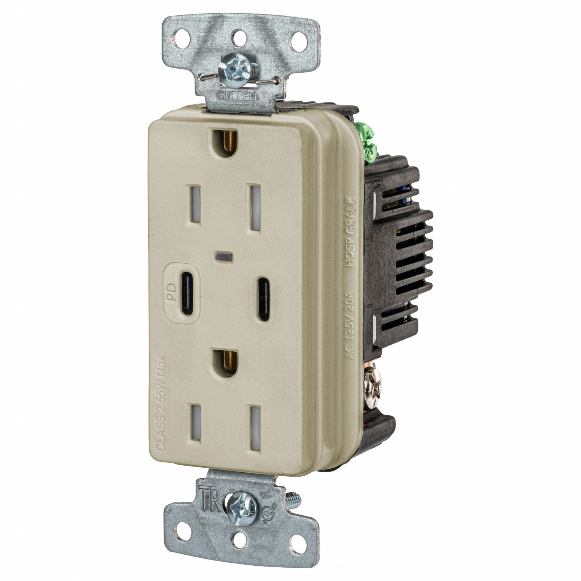 USB Receptacle: Duplex, 5-15R, 15 A, 125V AC, Ivory, 2 USB Ports, A/C USB Connection Type