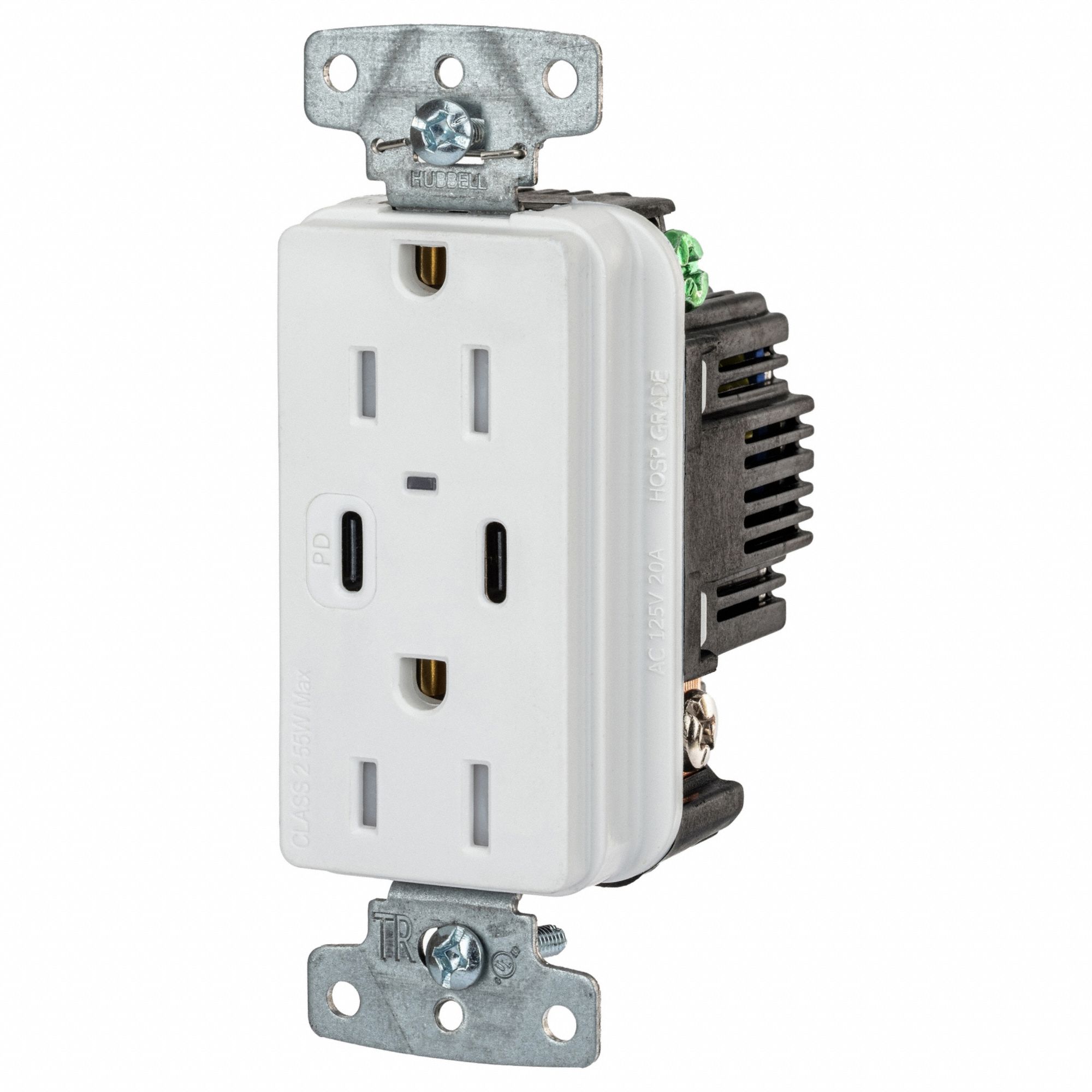 USB Receptacle: Duplex, 5-15R, 15 A, 125V AC, White, 2 USB Ports, A/C USB Connection Type