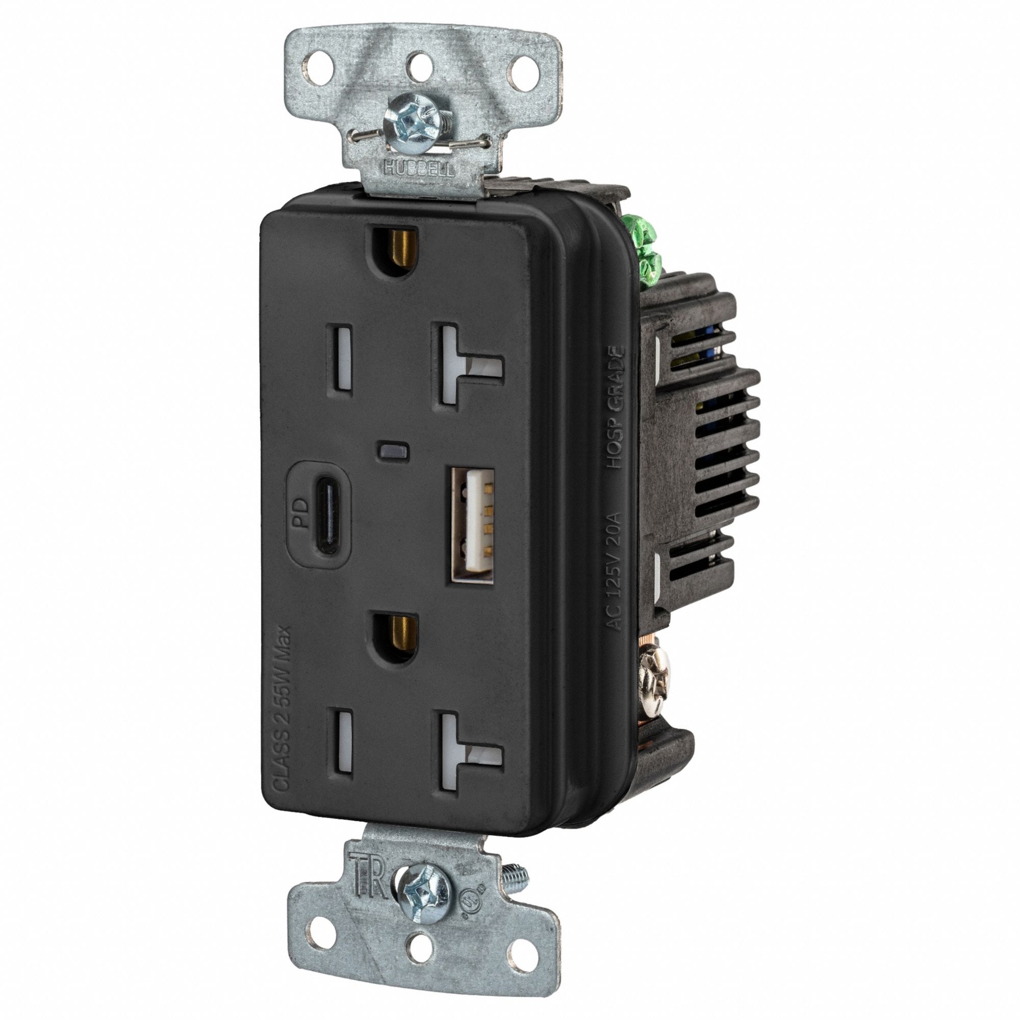 USB Receptacle: Duplex, 5-20R, 20 A, 125V AC, Black, 2 USB Ports, A/C USB Connection Type