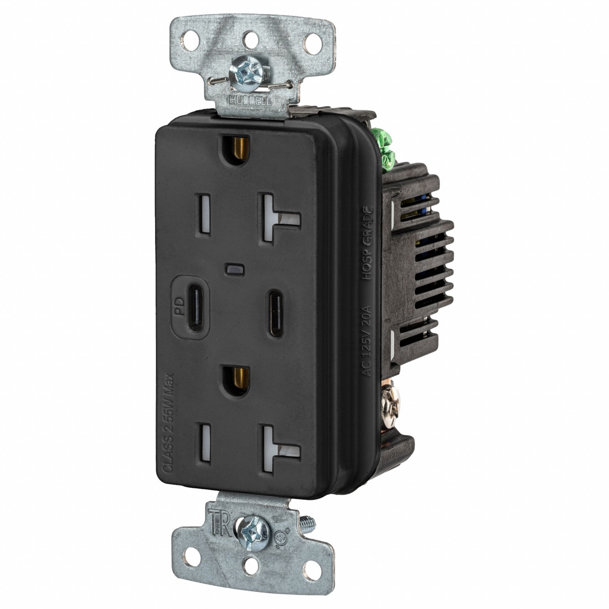 USB Receptacle: Duplex, 5-20R, 20 A, 125V AC, Black, 2 USB Ports, A/C USB Connection Type