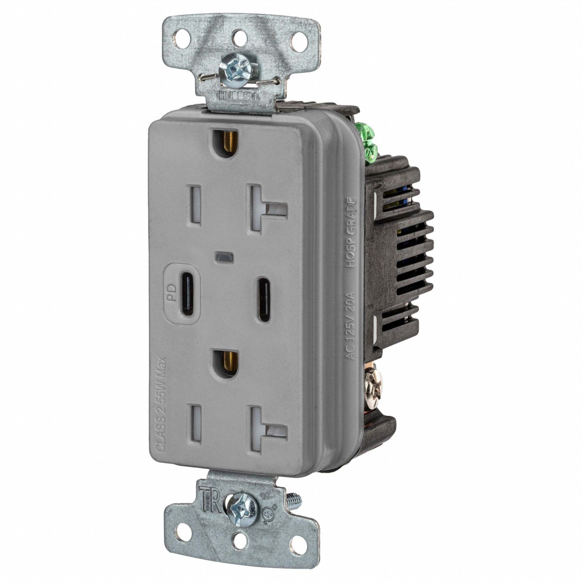 USB Receptacle: Duplex, 5-20R, 20 A, 125V AC, Gray, 2 USB Ports, A/C USB Connection Type