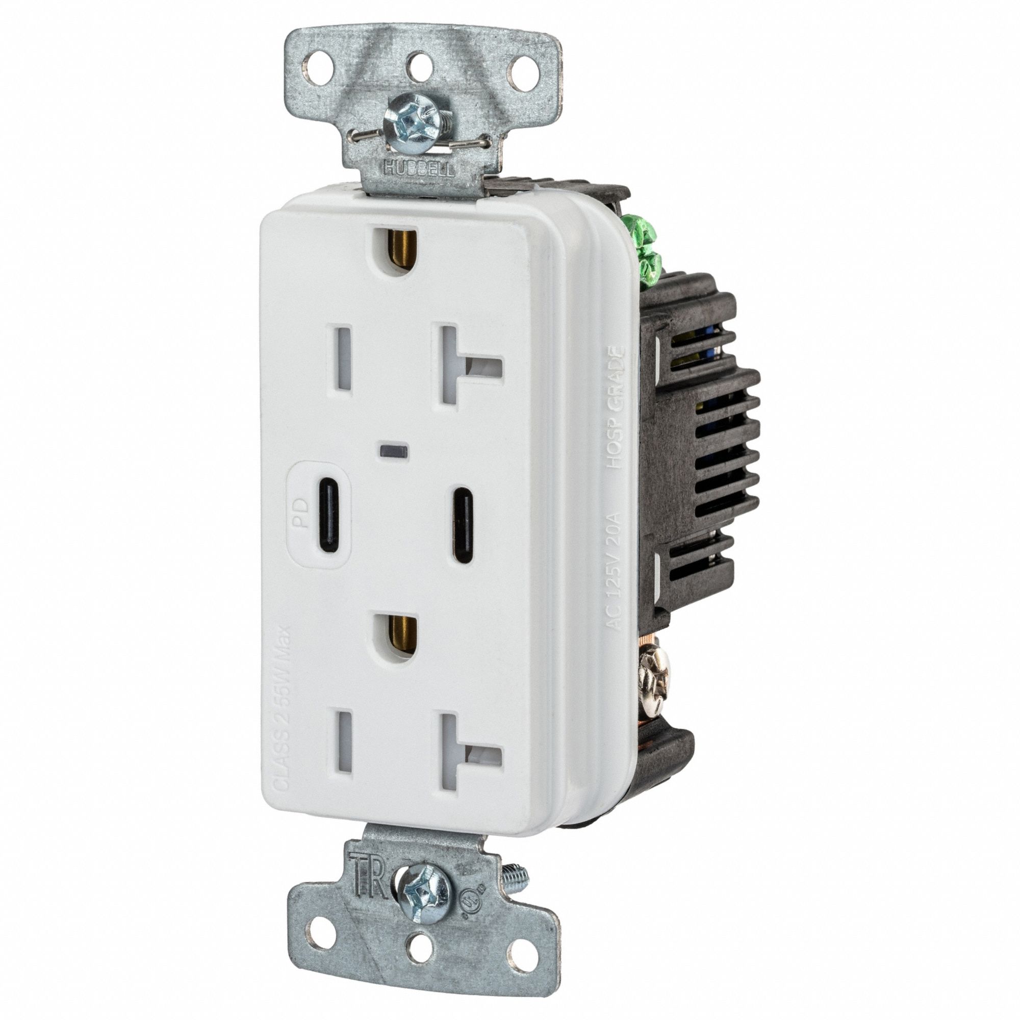USB Receptacle: Duplex, 5-20R, 20 A, 125V AC, White, 2 USB Ports, A/C USB Connection Type