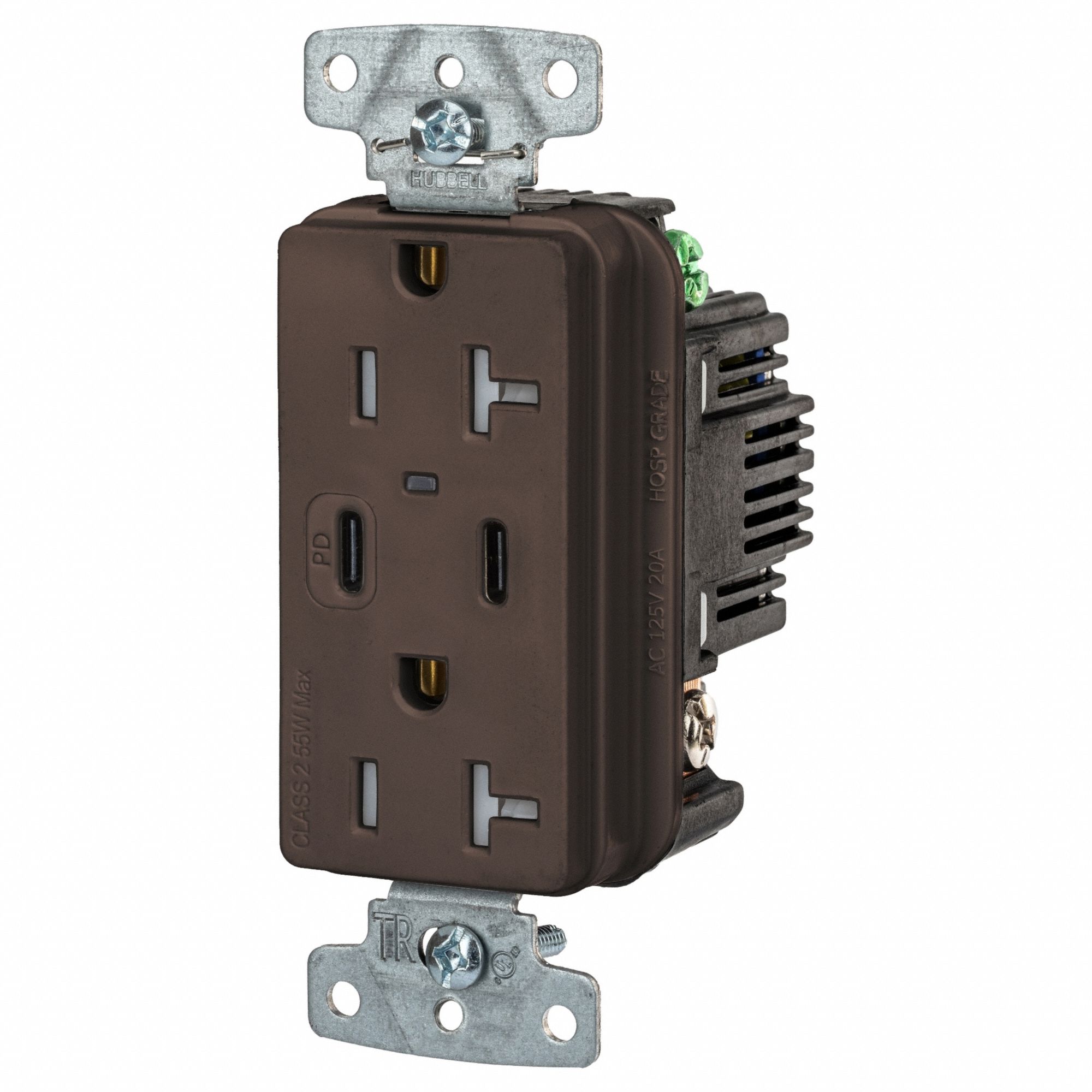 USB Receptacle: Duplex, 5-20R, 20 A, 125V AC, Brown, 2 USB Ports, A/C USB Connection Type